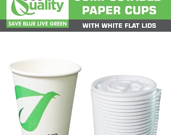 8oz Compostable Biodegradable Disposable White Paper Cups w/ Flat White Lids