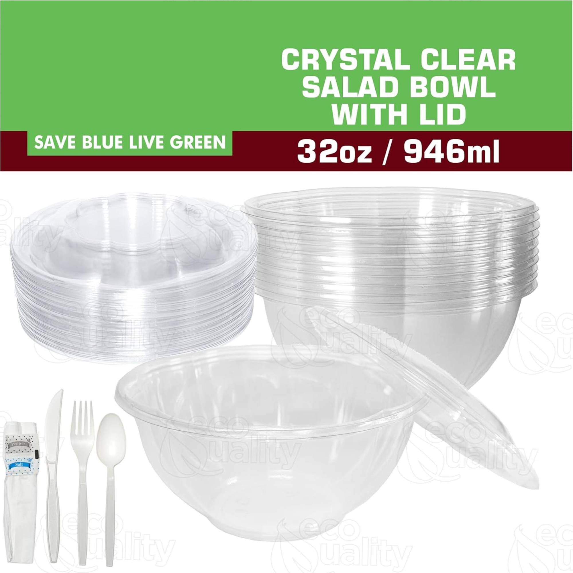 50 Sets - 32 oz. Clear Plastic Salad Bowls To Go With Airtight Lids 32 oz  50 Count - Clear