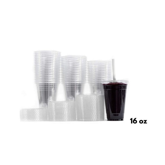 Large Disposable Clear PET Plastic Cups W/ Flat Lids and 