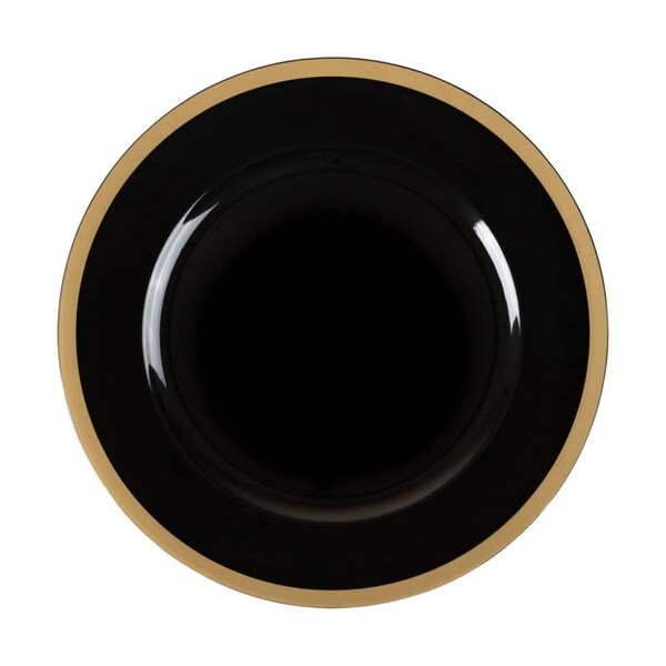 13" Round Heavy Duty Disposable Black Plastic Dinner Plates with Thick Gold Rim