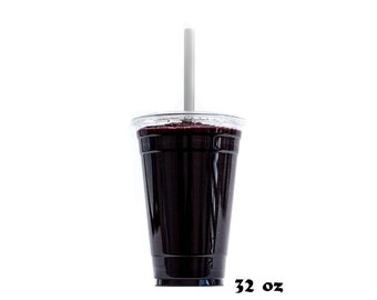 32 oz Clear Plastic Disposable Cups with Lids and Smoothie Straws