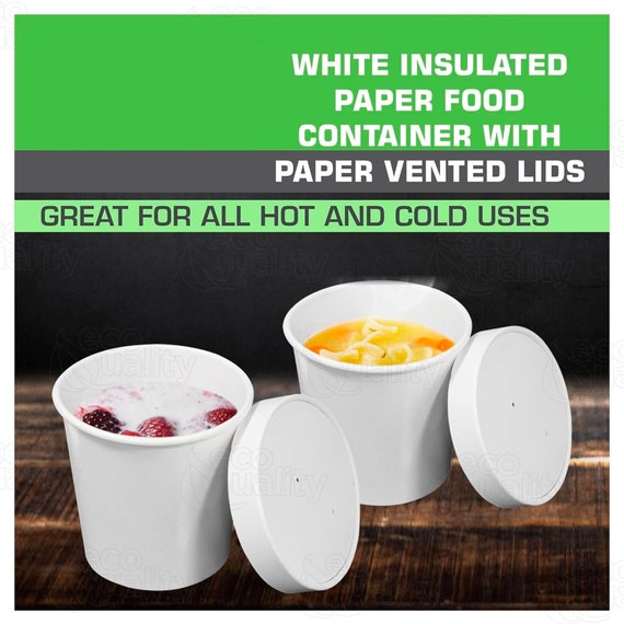 100 White Paper Round Food & Soup Containers With Vented Lids