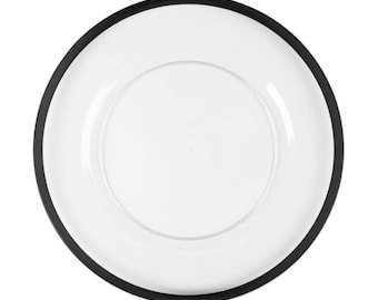 13" Round Heavy Duty Disposable Clear Plastic Dinner Plates with Thick Black Rim