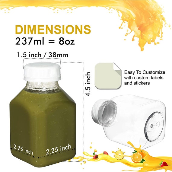 12 oz Square Clear Plastic Cold Pressed Juice Bottle - with Safety Cap - 2  x 2 x 6 1/2 - 100 count box