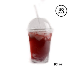 10 oz Cups, 50 Pack | Iced Coffee Go Cups and Dome Lids | Cold Smoothie | Plastic Cups with Dome Lids |