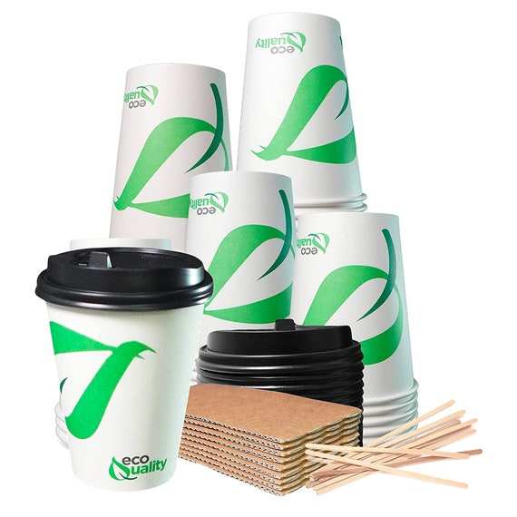 [50 PACK] 4 oz White Disposable Paper Coffee Espresso Cups with White Lids  - White Paper Disposable Coffee Hot Tea Cups Espresso - Bio Degradable Eco