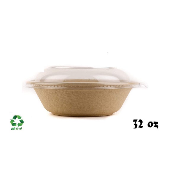 Round Disposable Bowls with Lids Natural Sugarcane Bagasse 32 oz. 600 Count 