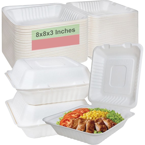 White Compostable Clam Shell Hinged Take Out Food Container 8 X 8 X 3 