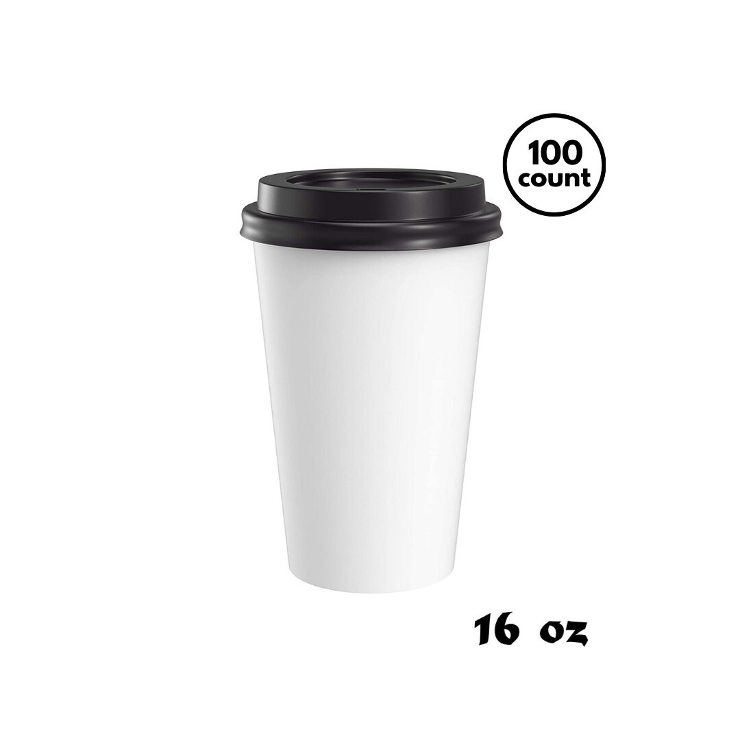 Large 16oz White Paper Coffee Cups with Black Lids 100 | Etsy