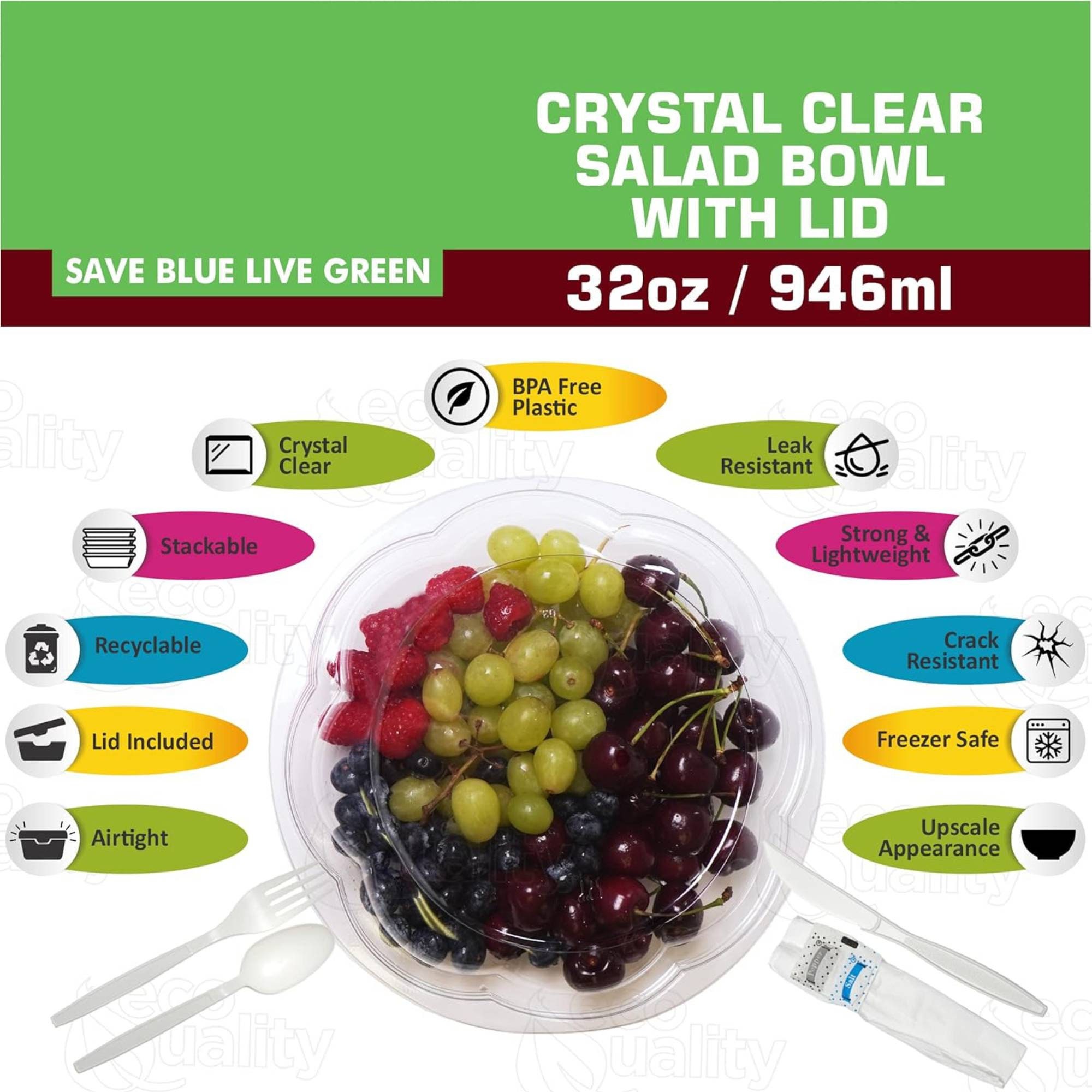 50 Sets - 32 oz. Clear Plastic Salad Bowls To Go With Airtight Lids 32 oz  50 Count - Clear