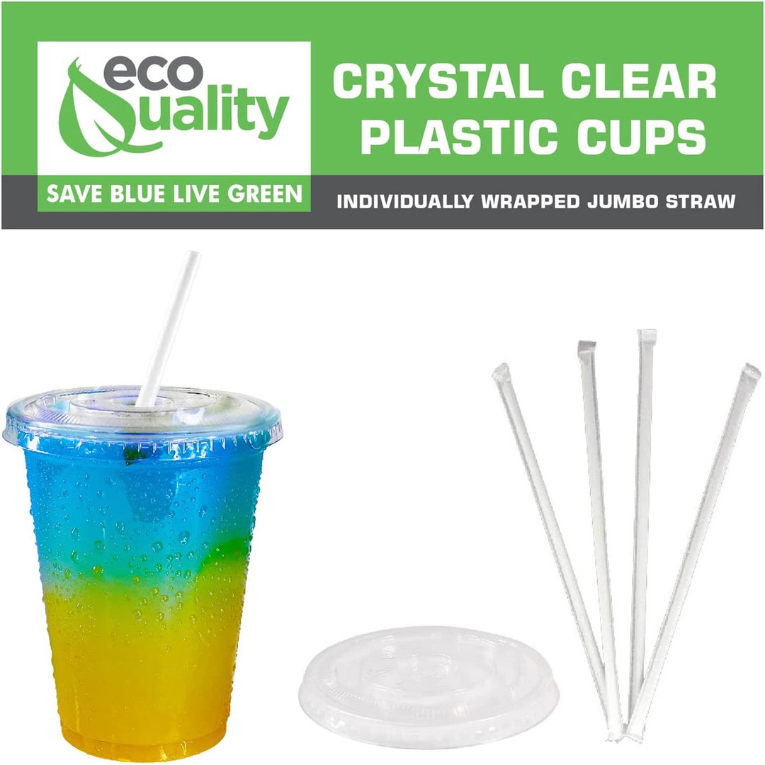 100 Pack] 16 oz Clear Plastic Cups with Flat Lids and Clear Straws