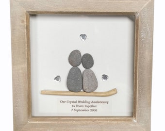 Personalised Crystal 15th Wedding Anniversary Pebble Picture | Pebble Art Box Frame | Transparent crystal hearts anniversary gift