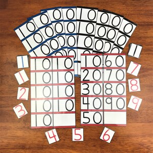 Montessori Inspired teens and tens boards with digit cards. Red, blue, and black.