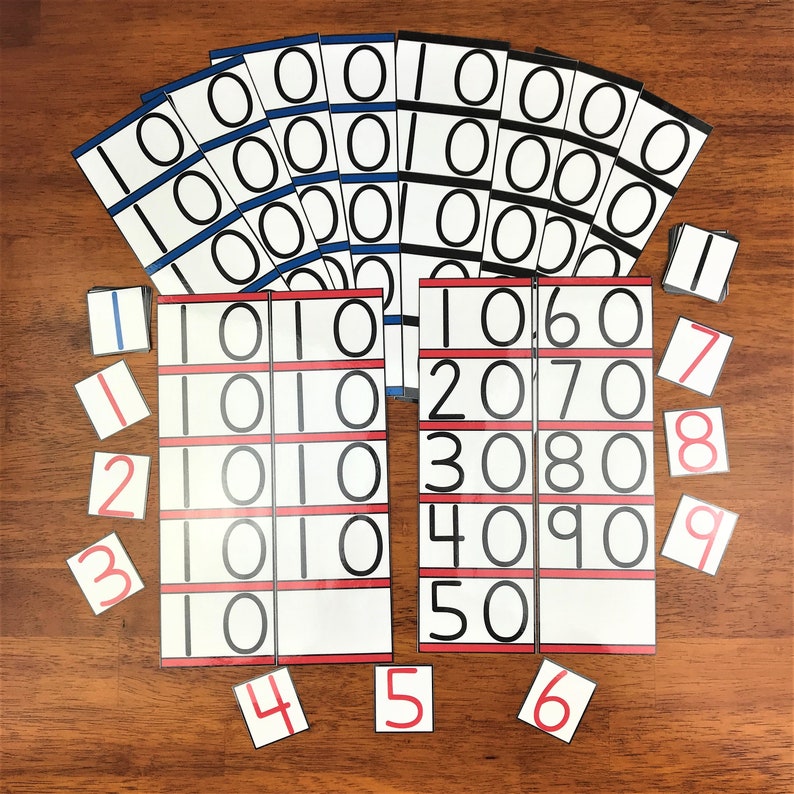 Montessori Inspired teens and tens boards with digit cards. Red, blue, and black.