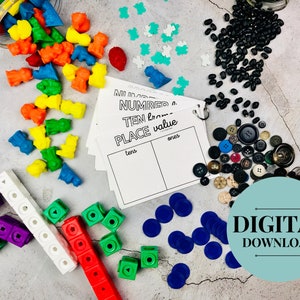 May include: A printable worksheet for teaching place value with a title that reads "Number a Ten Frame Place Value". The worksheet has a section for tens and ones. The image also includes various manipulatives such as colorful counting blocks, buttons, and beans.