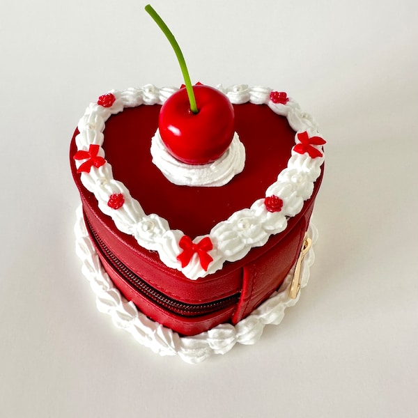 Red Velvet Cherry Fake Cake Heart-Shaped Zip Jewelry Box