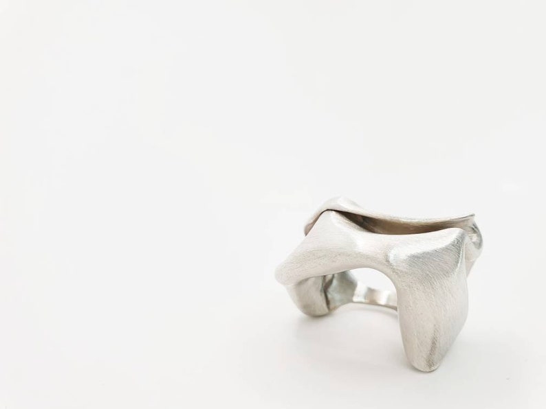 Pu&ograve; includere: Un anello color argento con un design astratto e scultoreo. L'anello ha una superficie strutturata e una forma aperta e fluida, con elementi arrotondati e curvi. L'anello sembra essere in metallo.