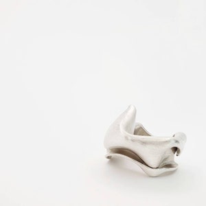 Pu&ograve; includere: Un anello color argento con un design organico e fluido. L'anello ha una superficie strutturata e una forma scultorea unica. Il metallo sembra spazzolato o opaco, conferendogli un'estetica moderna e minimalista. L'anello &egrave; posto su uno sfondo bianco.