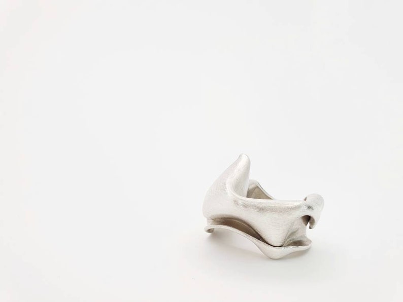 Pu&ograve; includere: Un anello color argento con un design organico e fluido. L'anello ha una superficie strutturata e una forma scultorea unica. Il metallo sembra spazzolato o opaco, conferendogli un'estetica moderna e minimalista. L'anello &egrave; posto su uno sfondo bianco.