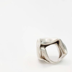 Pu&ograve; includere: Un anello color argento con un design astratto unico. L'anello sembra essere realizzato con un unico pezzo di metallo, piegato e modellato in una forma geometrica aperta. La superficie ha una texture spazzolata, che le conferisce una finitura opaca.
