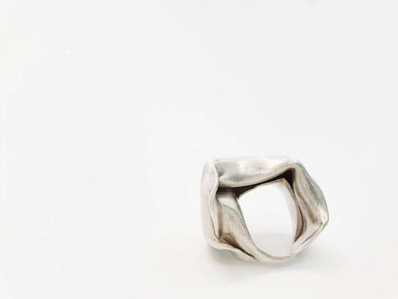 Pu&ograve; includere: Un anello color argento con un design astratto unico. L'anello sembra essere realizzato con un unico pezzo di metallo, piegato e modellato in una forma geometrica aperta. La superficie ha una texture spazzolata, che le conferisce una finitura opaca.