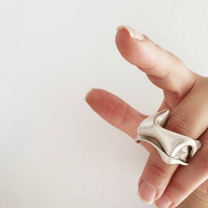 Pu&ograve; includere: Un anello color argento con un design unico e fluido. L'anello ha una forma scultorea e organica, con curve e pieghe che creano un effetto visivo dinamico. L'anello &egrave; indossato su un dito.