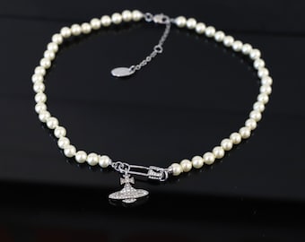 Vivienne Westwood Silver Lucrece Pearl Pin Necklace