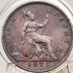1875 Great Britain One Penny - XF (Extremely Fine) - UK Penny 1875 Queen Victoria Penny - Bronze