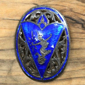 Vintage 1930s Siam Sterling Silver Blue Mekkala Goddess Brooch - Goddess of Lightning Thailand Pin - Antique Sterling 925 Thai Goddess Pin