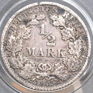 1905 German 1/2 Mark, F Mint Mark - Fine Condition - German Empire Silver One Half Mark 1905, Silver Half Mark 1905 H, Great Coin -