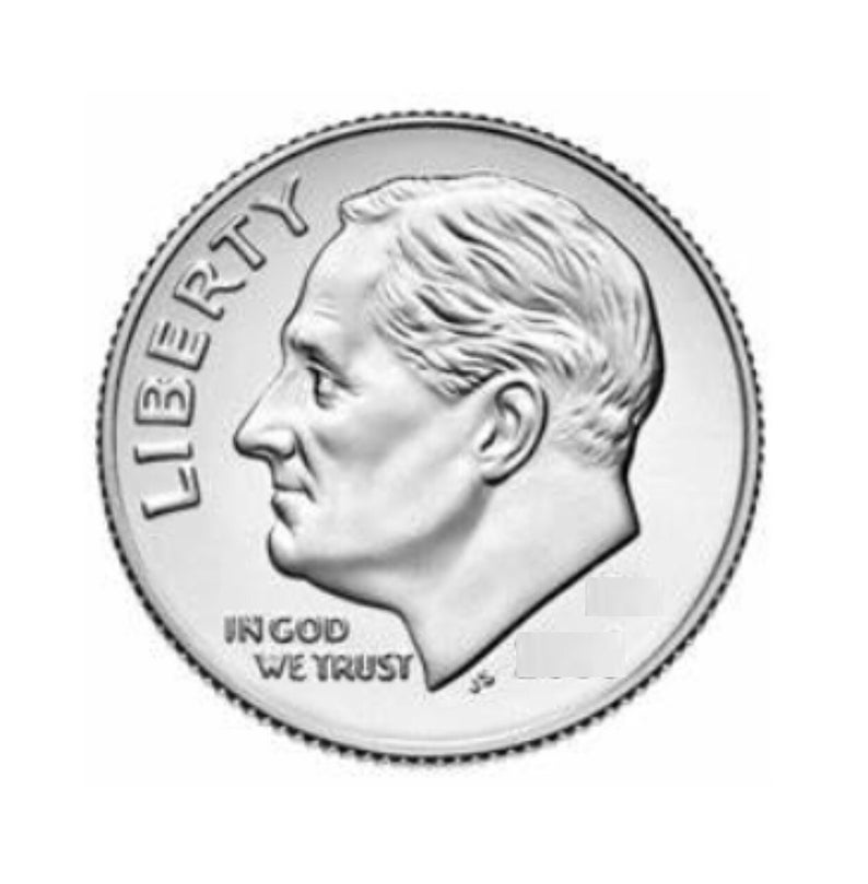 May include: A silver US dime coin with the words "Liberty" and "In God We Trust" inscribed on it. The coin features a profile of President Franklin D. Roosevelt.