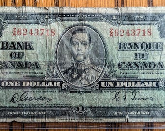 1937 Bank of Canada 1 Dollar Note - Choose by Prefix - Gordon/Towers Signatures - 1937 Canadian One Dollar Bill - P#58d