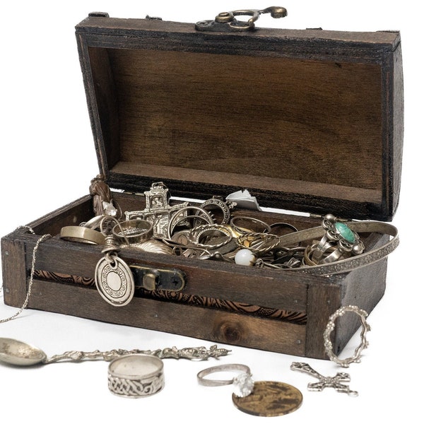 Treasure Chest Filled with Real Silver Jewelry, Old and Ancient Coins, Silver Coins, Semi-Precious Stones, Amulets and More! - Great Gift!