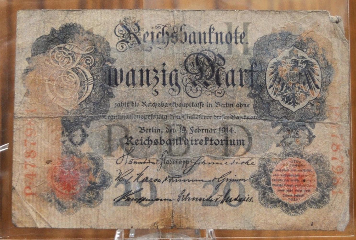 1914年 20マルク ドイツ紙幣 - ライヒスバンクノート - 状態良好 - 7桁