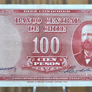 1947-48 ND Banco Central do Chile 100 Pesos - Nota de 10 Condores - Emissão de Selo Central Pequeno - Nota do Chile de Cem Pesos 1947 - P#113