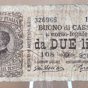 Banconota italiana da 2 lire del 1914, carta moneta italiana da due lire del 1914, antica banconota italiana, plettro n. 37c