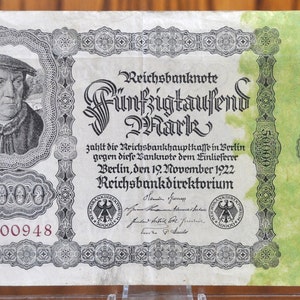 1922年 5万マルク ドイツ紙幣 ライヒスバンクノート - 状態良好 - 第一
