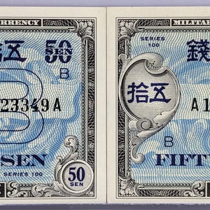 May include: Two rectangular paper banknotes labeled Military Currency, Series 100, Fifty Sen. The notes feature a large blue letter B, intricate black borders, and Japanese characters. Serial numbers A16423349A and A16423350A are printed in black ink.