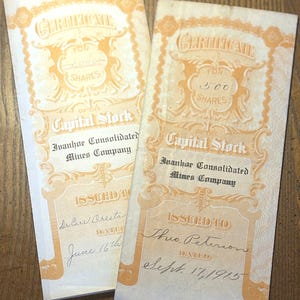 Ivanhoe Consolidated Mines Company Lot of Two Stock Certificates from 1915-1916 - Vintage Lot of Two Stock Certificates from Ivanhoe Consoli