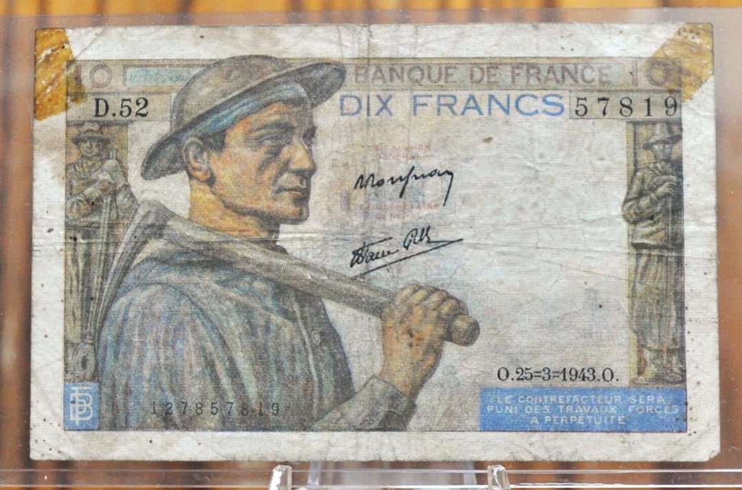 1943 Bank of France 10 Franc Note - Miner Type, 25=3=1943 - Banque De ...
