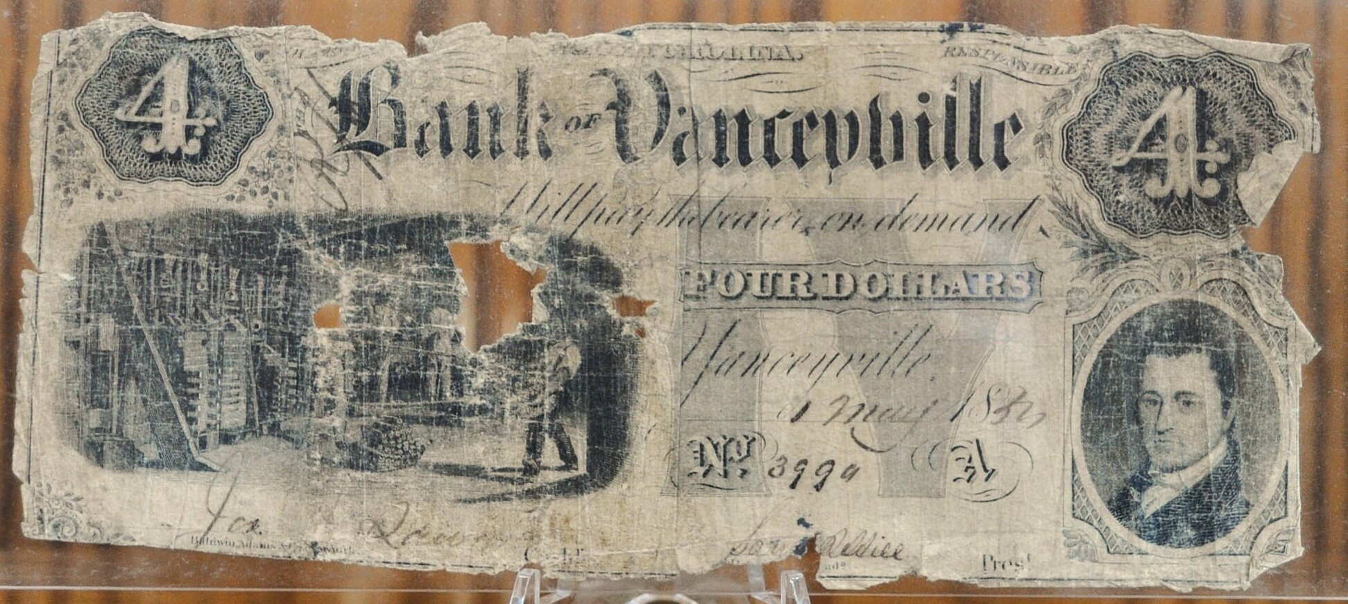 1854 年ヤンシービル銀行 4 ドル南北戦争時代の紙幣 - 希少な