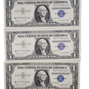 Consecutive Trio 1957 A Fancy Lucky 777 Serial 1 Dollar Silver Certificates - Uncirculated (UNC) - 1957A Blue Seal Sequential Set - Fr#1620