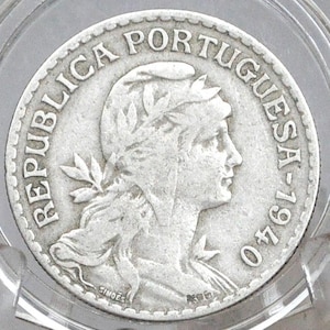 Rarer 1940 Portuguese 1 Escudo Portugal - VF Condition - Beautiful Design, Simple - Low Mintage Portuguese Coin