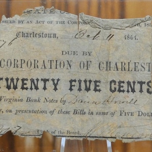 1861 Corporation of Charlestown 25 Cent Obsolete Note - G (Good) - Civil War Era Virginia Obsolete - 1861 Charlestown Twenty-Five Cents Note