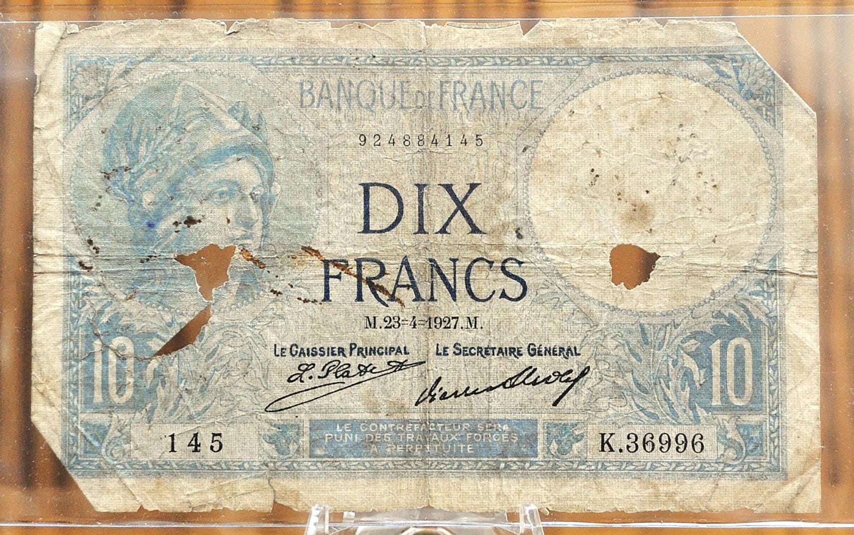1940 Bank of France 10 Franc Banknote - WWII Era French Bank Note