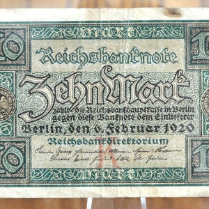 1920 10 Mark Deutsches Papiergeld - 1920 Reichsbanknote - XF+ Condition - WWI era Deutsches Papiergeld, 10 Mark 1920 / Deutsche 10 Mark 1920