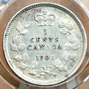 1902 Canadian Silver 5 Cent Coin - XF+ - King George - Canada 5 Cent Sterling Silver 1902 Canada - Lower Mintage