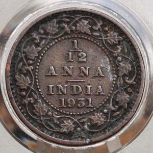 India 1/12 Anna 1931 - F/VF Condition - 1931 India One Twelfth Anna - British India One Quarter Anna, High Grade, Great Coin