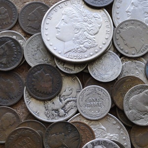 Sacchetto definitivo di monete statunitensi - Dollari d'argento Morgan - Dime d'argento, mezzi dollari, quarti - Nickel Buffalo / V, Indian Head e centesimi di grano