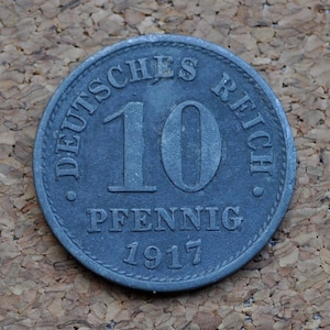 1917-1921 German 10 Pfennig Deutsches Reich  - Great conditions - Second Reich of Germany 1917 - WWI Era German Coin - Ten Pfennig 1917